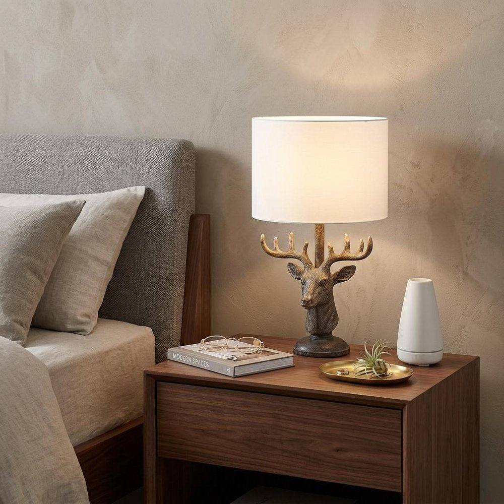 18" Antiqued Bronzed Stag Bust Table Lamp With White Drum Shade