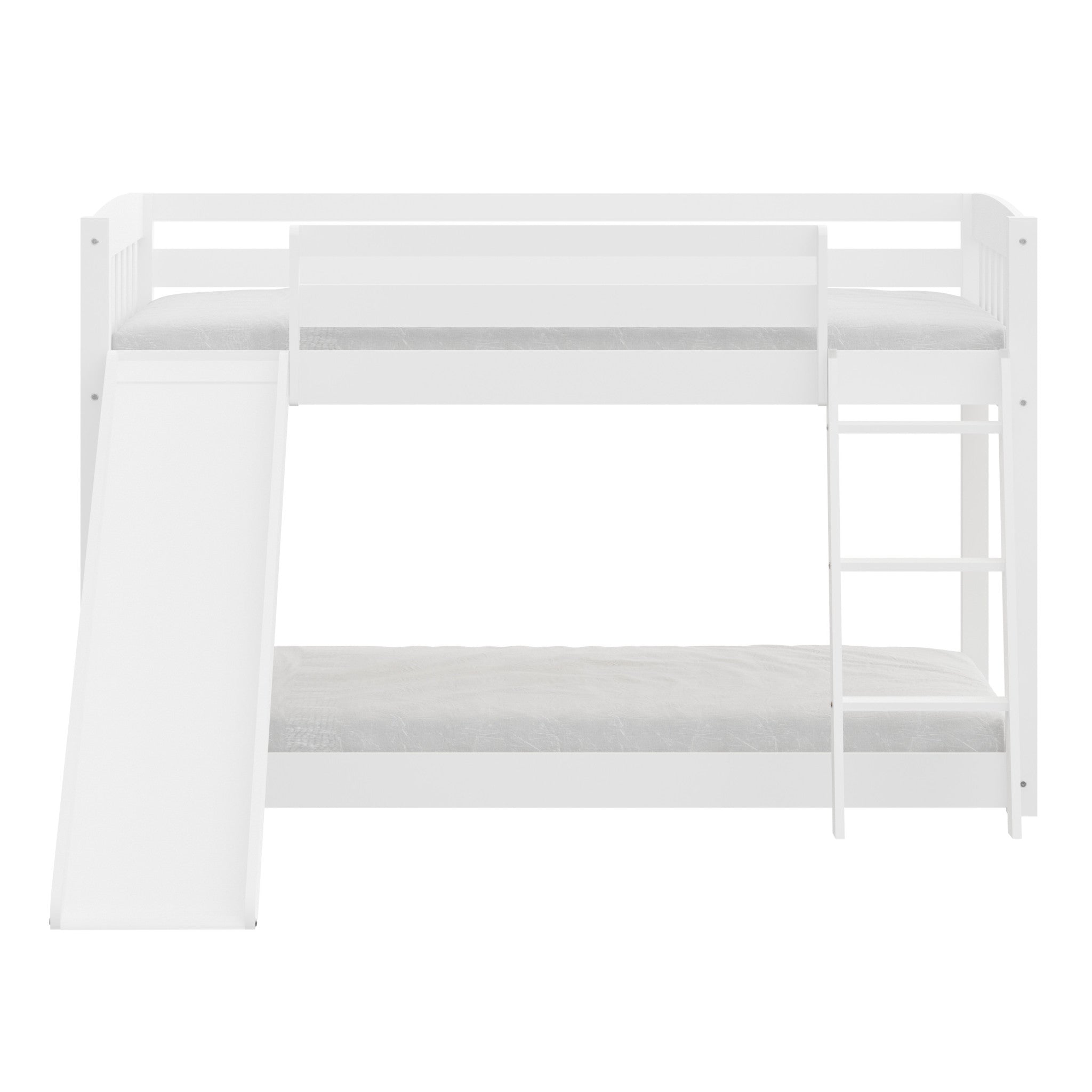 White Twin over Twin Solid Wood Bunk Bed With Slide and Ladder