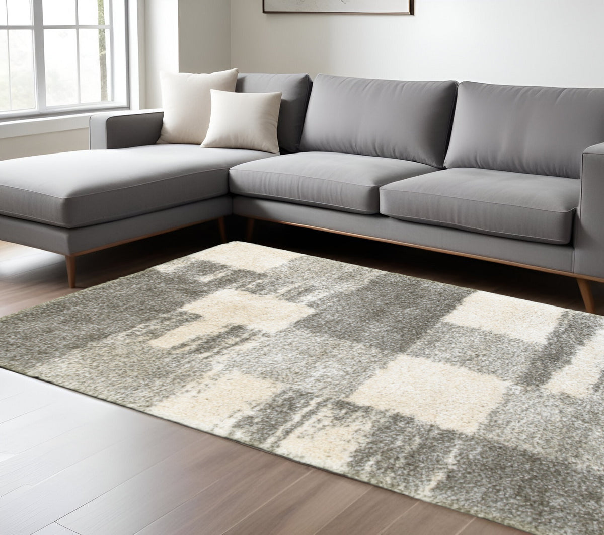 8' X 11' Grey Ivory And Silver Geometric Shag Power Loom Stain Resistant Area Rug