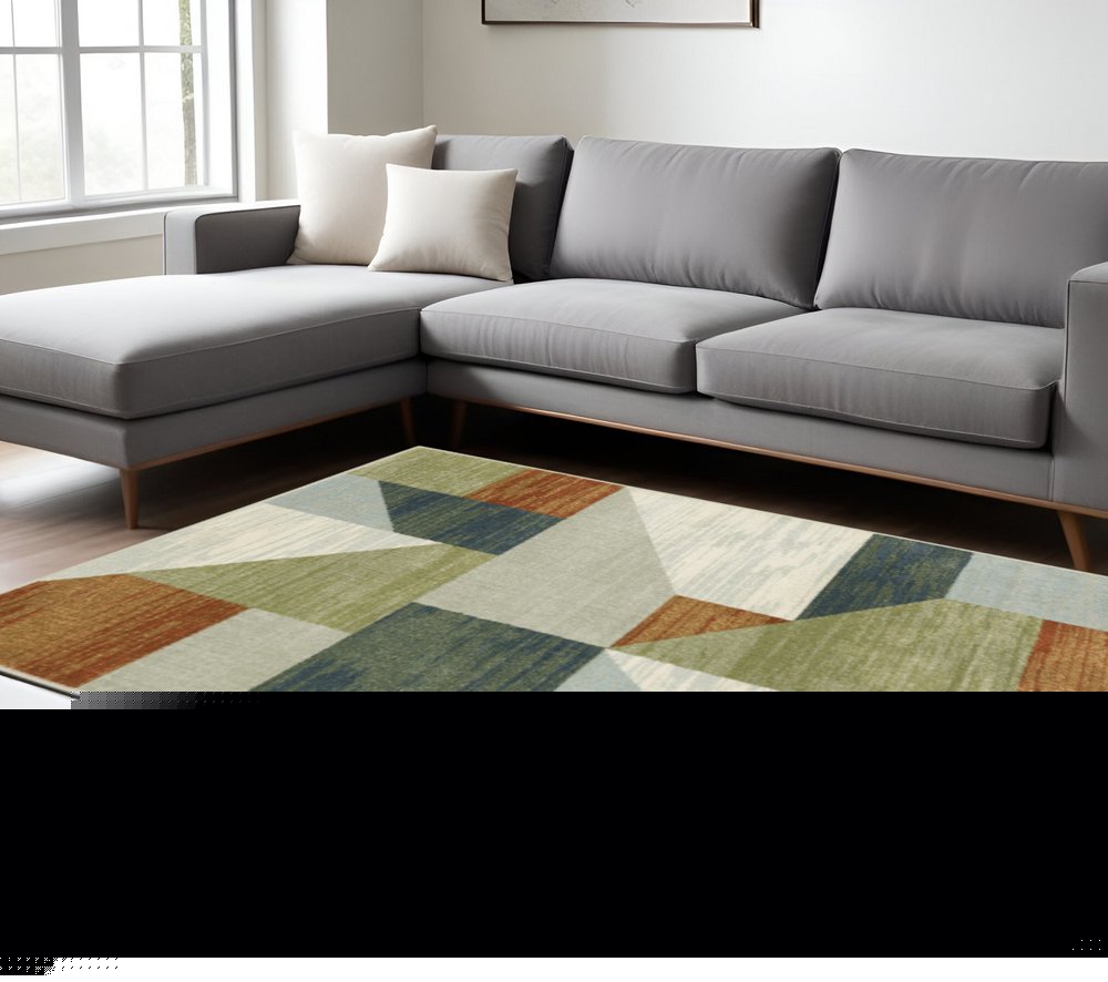 8' X 10' Grey Teal Blue Rust Green And Ivory Geometric Power Loom Stain Resistant Area Rug