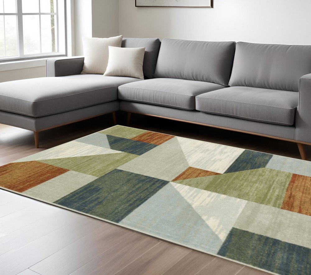 8' X 10' Grey Teal Blue Rust Green And Ivory Geometric Power Loom Stain Resistant Area Rug