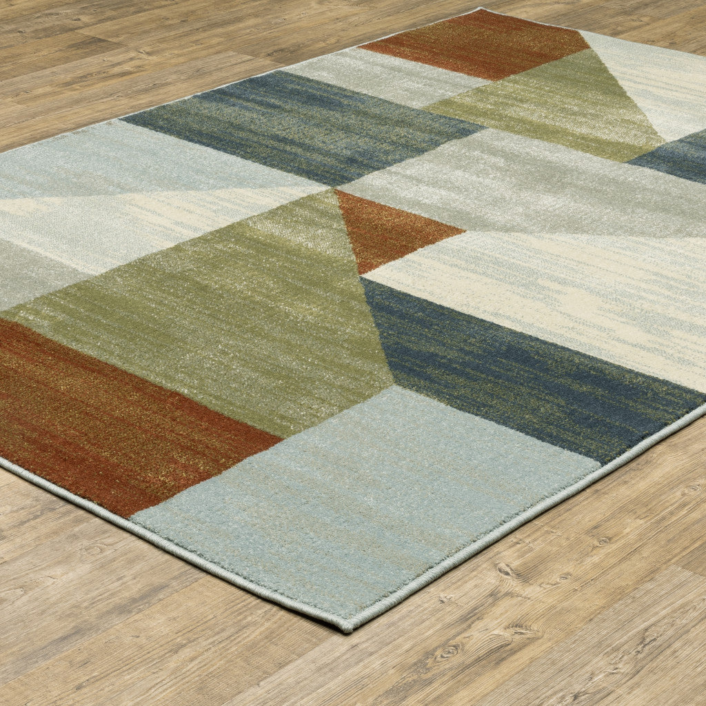 8' X 10' Grey Teal Blue Rust Green And Ivory Geometric Power Loom Stain Resistant Area Rug