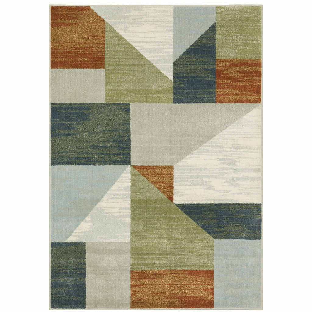 10' X 13' Grey Teal Blue Rust Green And Ivory Geometric Power Loom Stain Resistant Area Rug