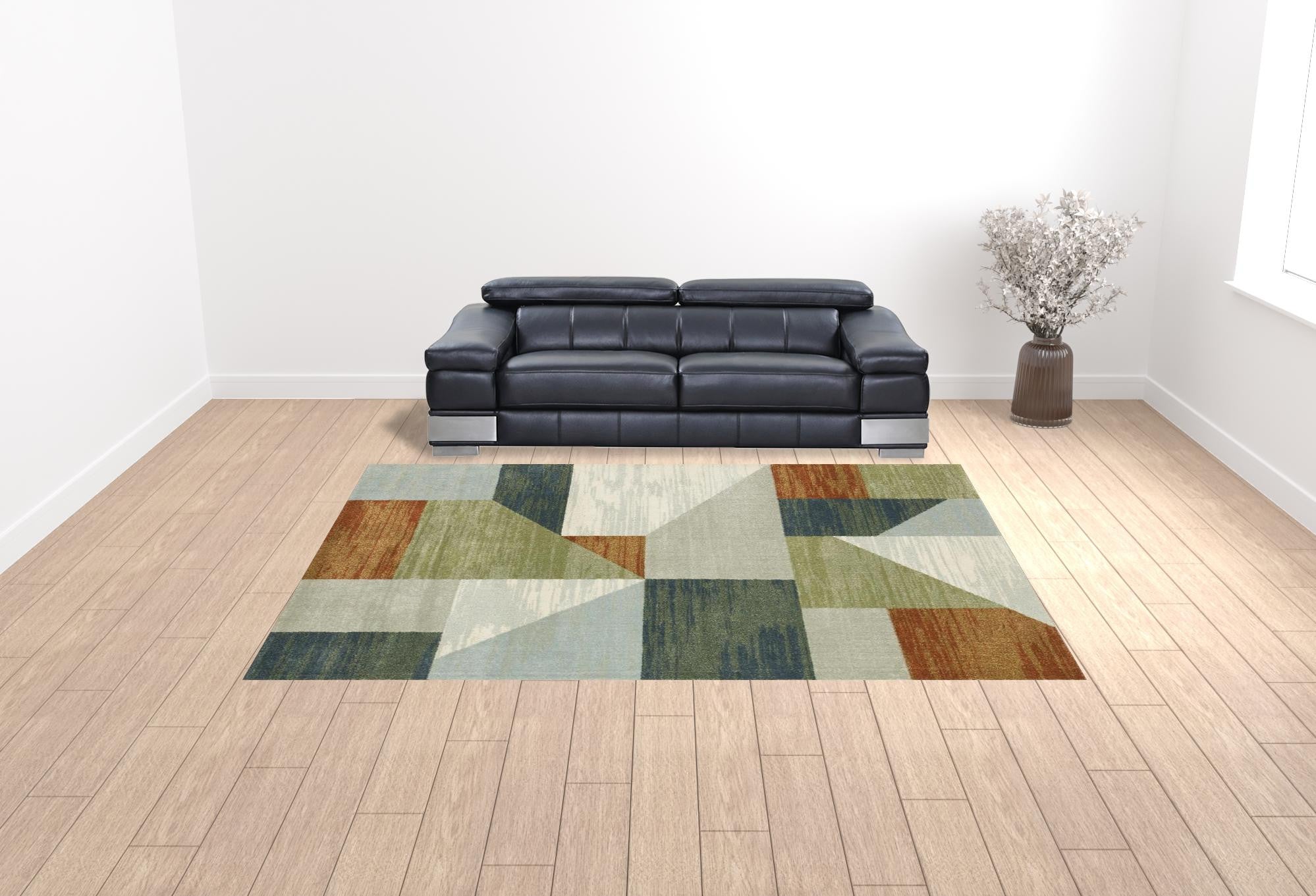 10' X 13' Grey Teal Blue Rust Green And Ivory Geometric Power Loom Stain Resistant Area Rug