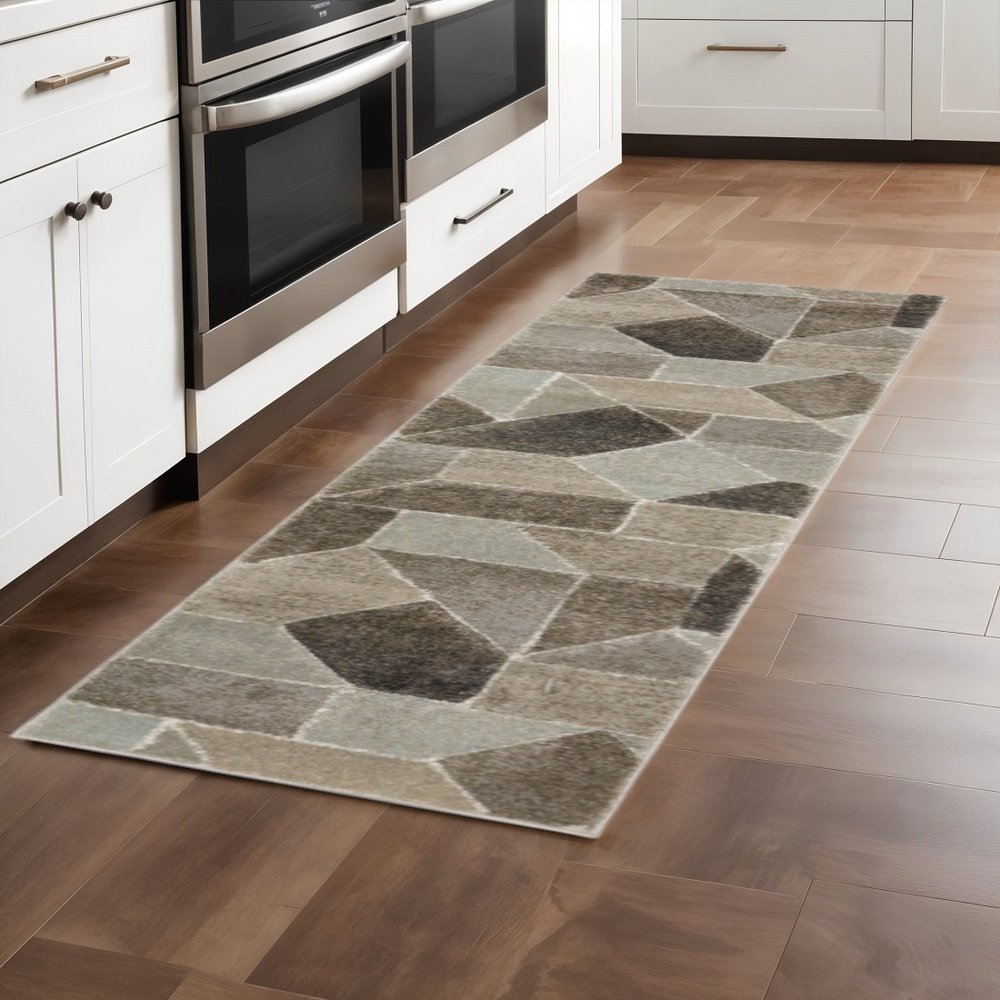 2' X 8' Grey Brown Beige Tan Taupe And Ivory Geometric Power Loom Stain Resistant Runner Rug