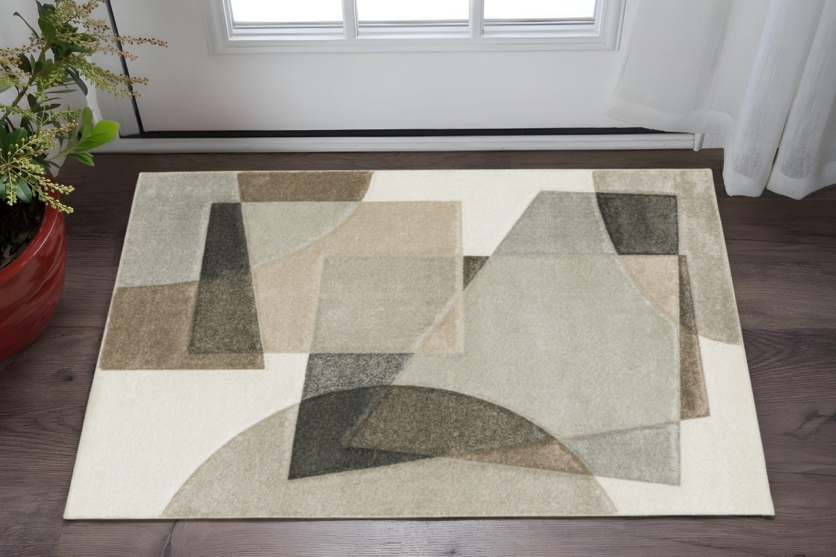 3' X 5' Beige Geometric Power Loom Stain Resistant Area Rug