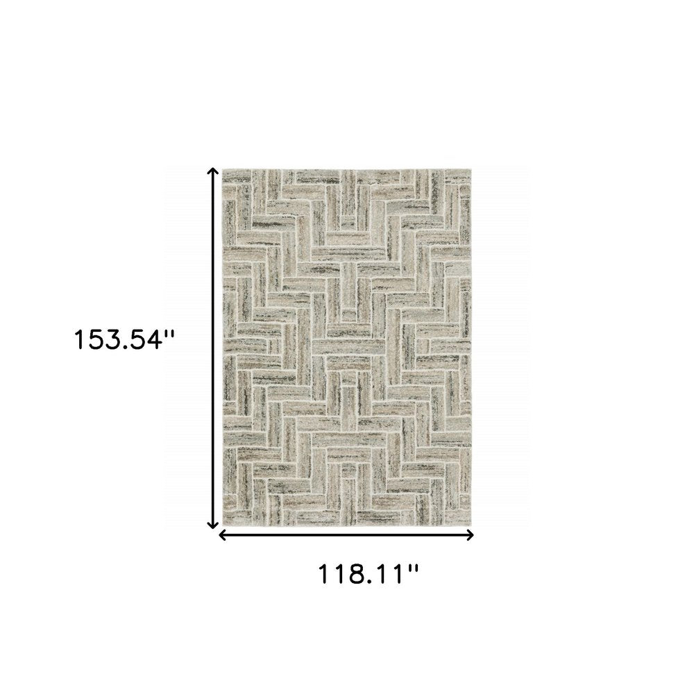 10' X 13' Ivory Beige Grey Brown Pale Blue And Charcoal Geometric Power Loom Stain Resistant Area Rug