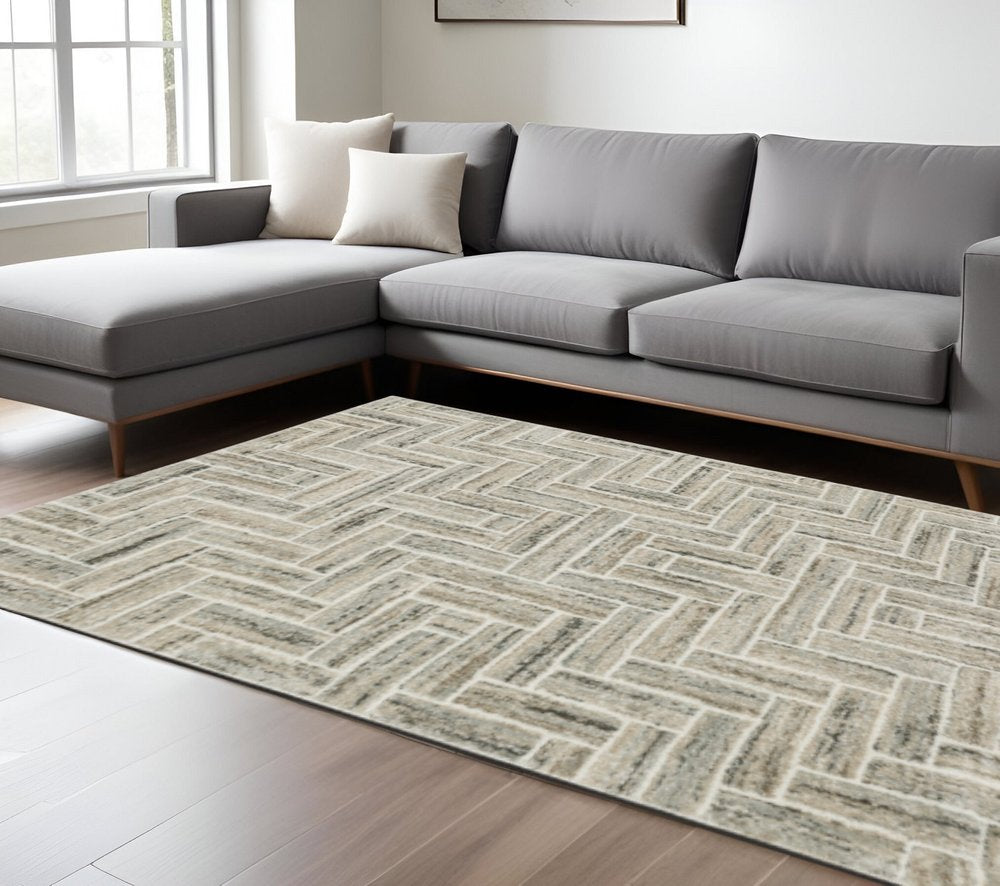 10' X 13' Ivory Beige Grey Brown Pale Blue And Charcoal Geometric Power Loom Stain Resistant Area Rug