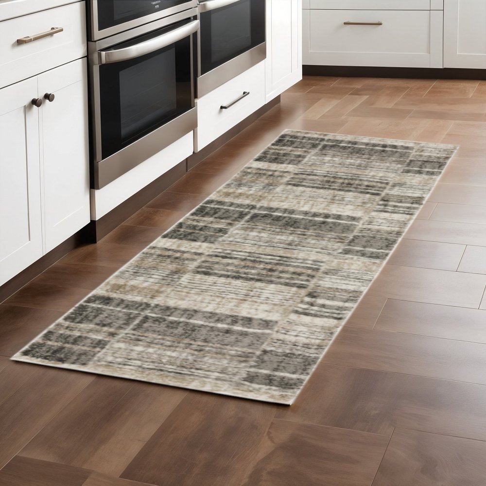 2' X 8' Grey Charcoal Ivory Tan Brown And Beige Geometric Power Loom Stain Resistant Runner Rug