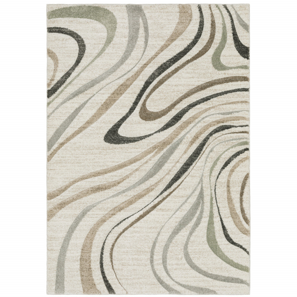 5' X 8' Beige Grey Brown Sage Pale Blue Tan And Charcoal Abstract Power Loom Stain Resistant Area Rug