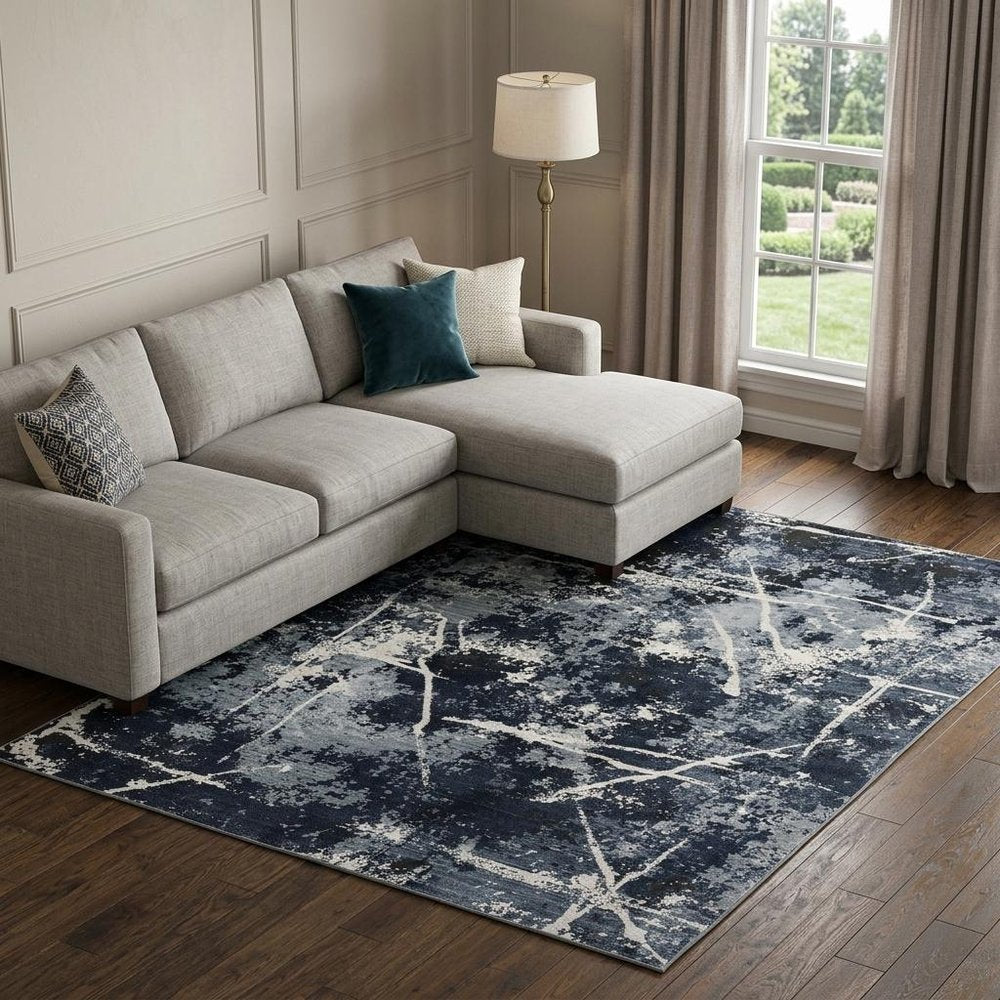 7' X 10' Blue Gray And Black Abstract Area Rug