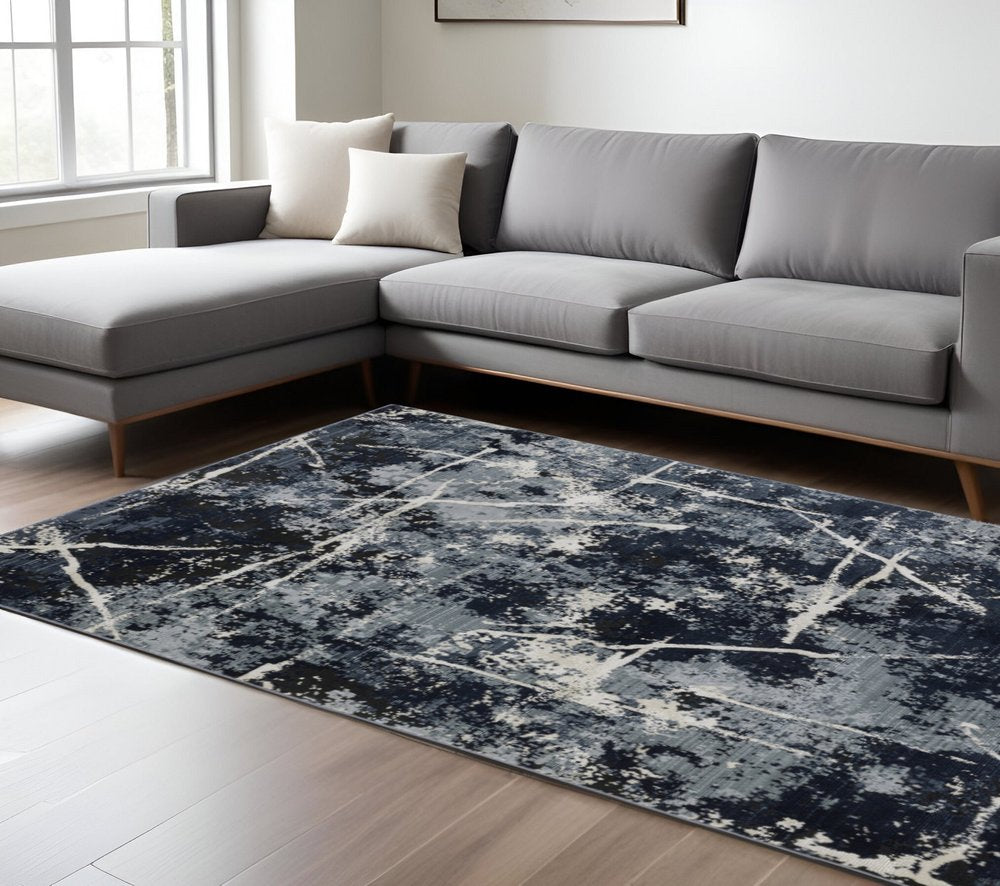 7' X 10' Blue Gray And Black Abstract Area Rug