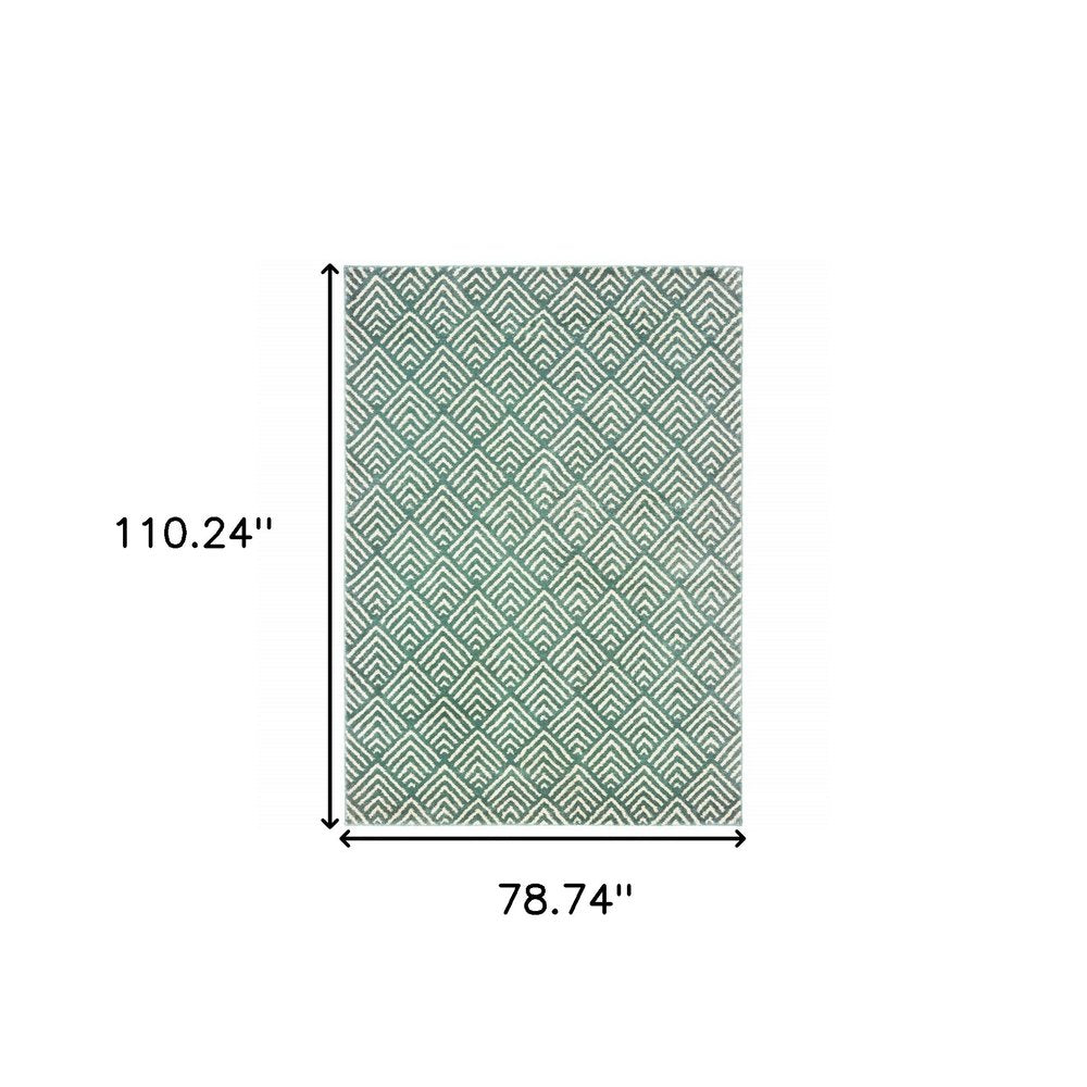 7' X 9' Blue And Ivory Geometric Shag Area Rug