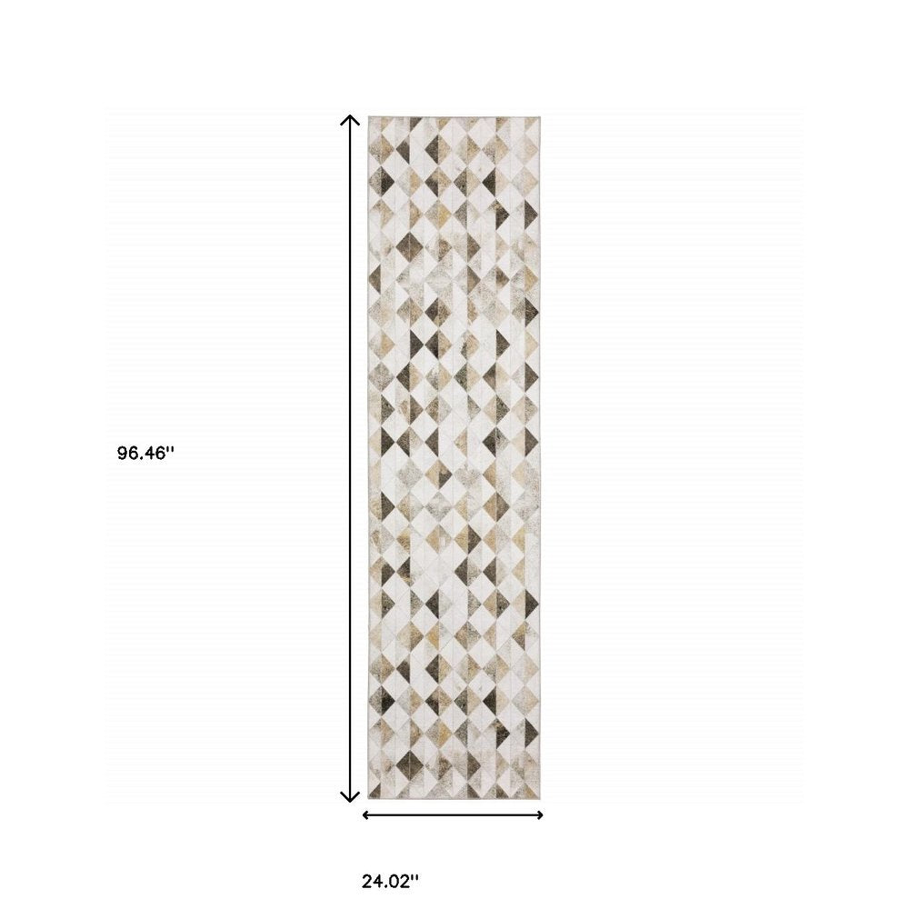 8' Beige And Gray Geometric Runner Rug
