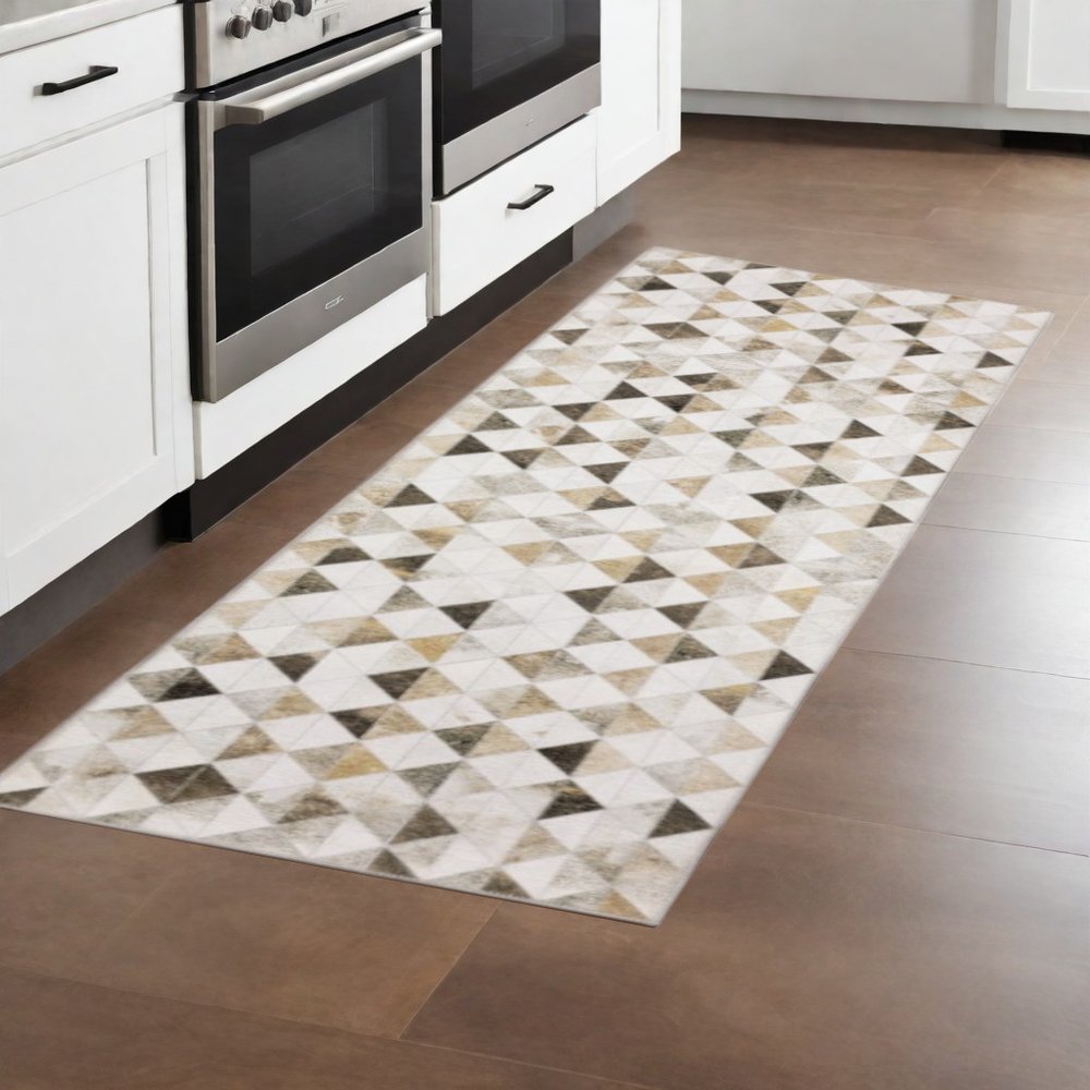 8' Beige And Gray Geometric Runner Rug