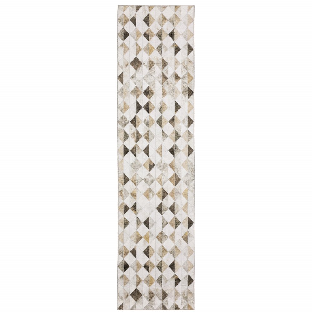 8' Beige And Gray Geometric Runner Rug