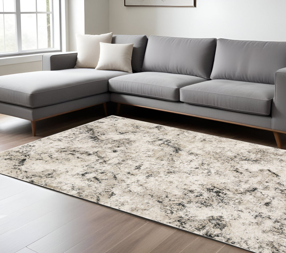 8' X 11' Ivory And Gray Abstract Area Rug