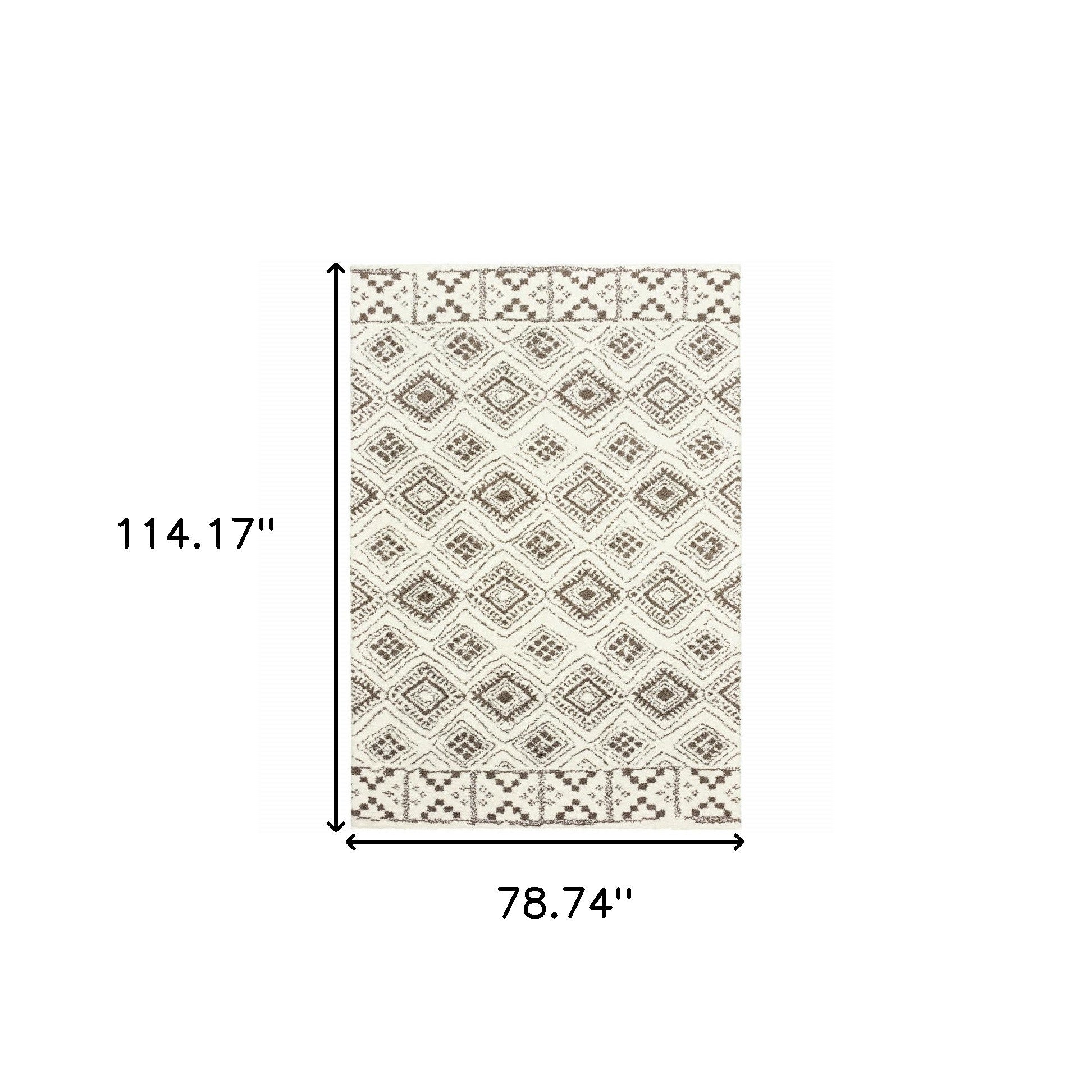 6' X 9' Ivory And Brown Geometric Shag Power Loom Stain Resistant Area Rug