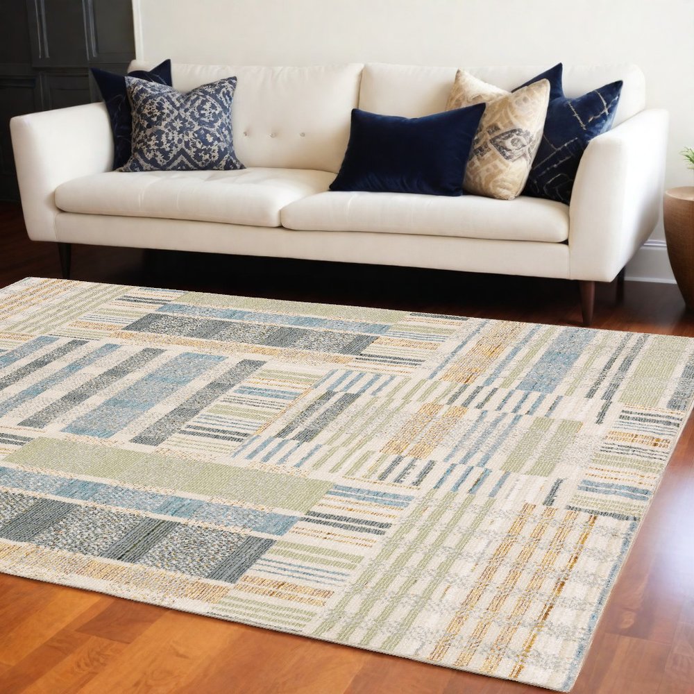 10' X 13' Blue And Green Geometric Area Rug