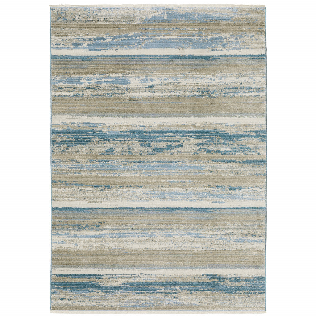 8' X 11' Ivory Beige Grey Blue And Tan Abstract Power Loom Stain Resistant Area Rug With Fringe