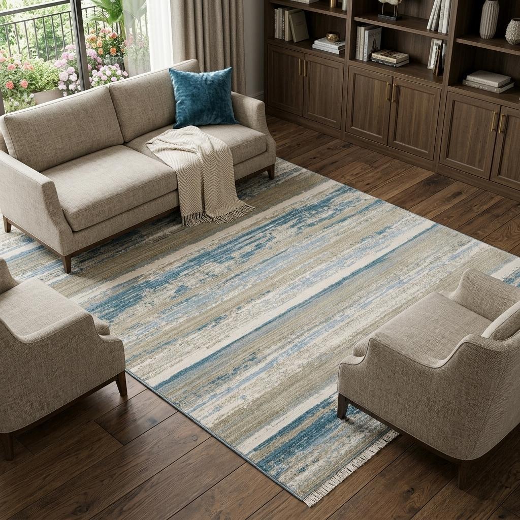8' X 11' Ivory Beige Grey Blue And Tan Abstract Power Loom Stain Resistant Area Rug With Fringe