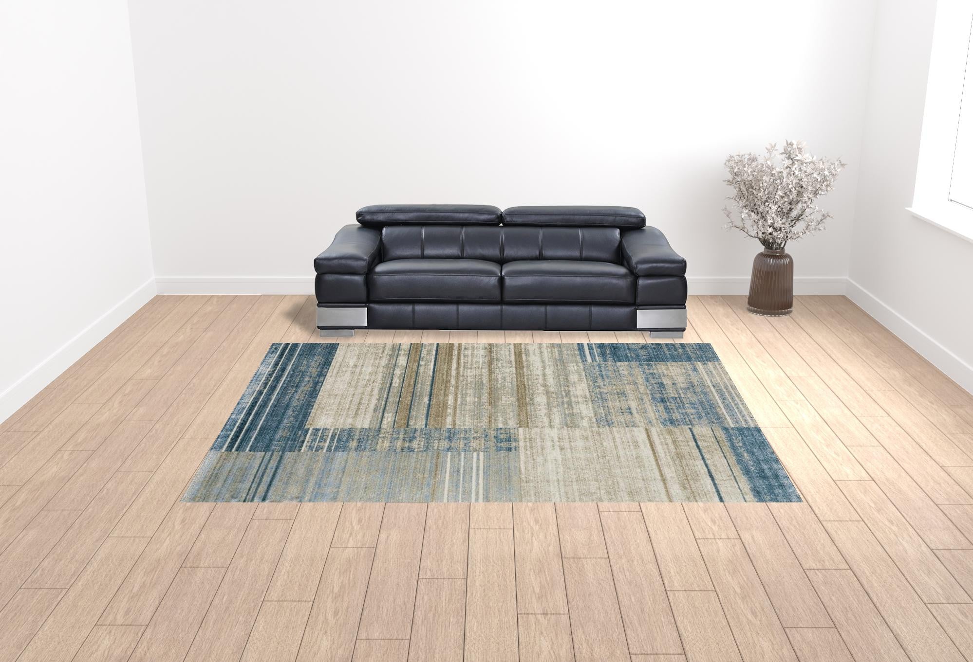 10' X 13' Blue Dark Blue Teal Grey Ivory Beige And Tan Geometric Power Loom Stain Resistant Area Rug With Fringe