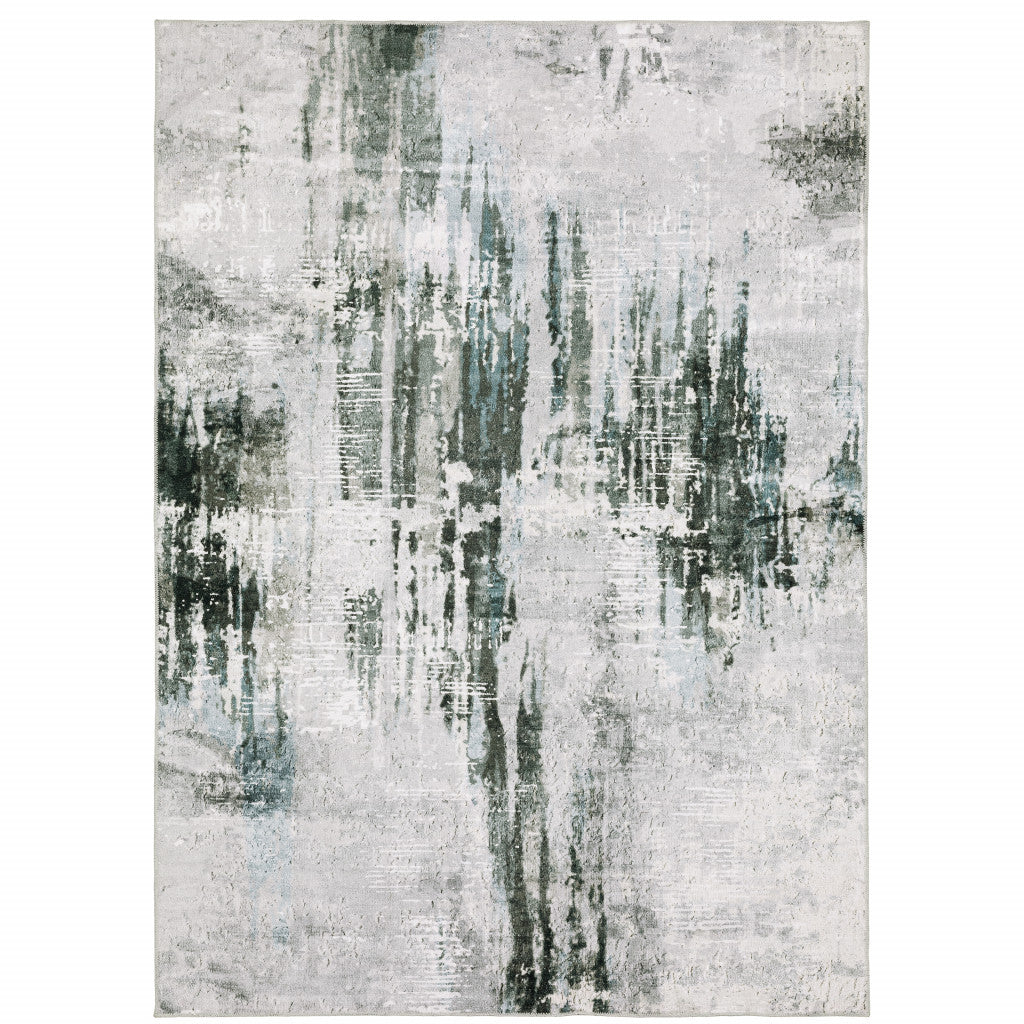 4' X 6' Silver Grey Teal Blue And Charcoal Abstract Printed Stain Resistant Non Skid Area Rug
