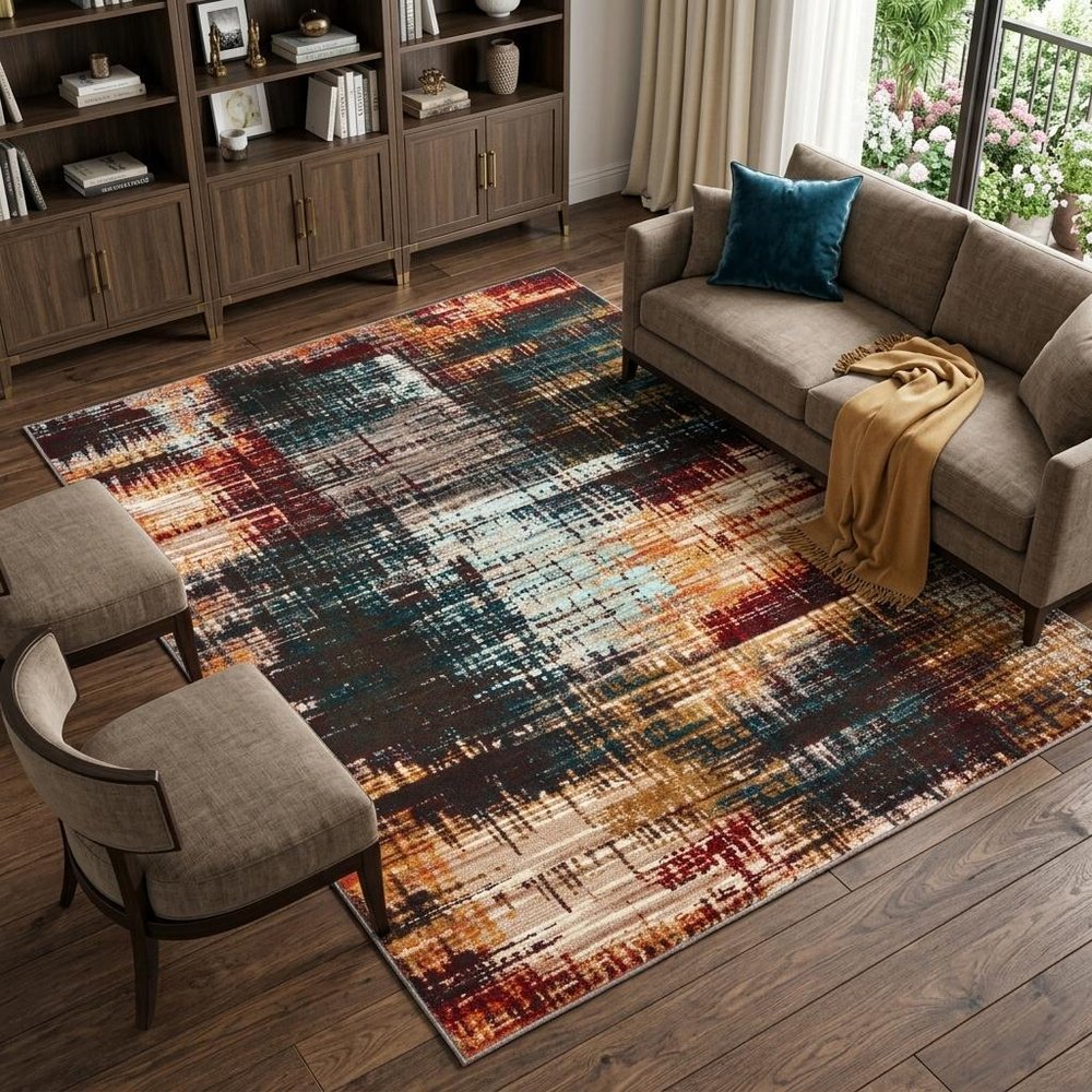 10' X 13' Blue and Orange Abstract Power Loom Area Rug