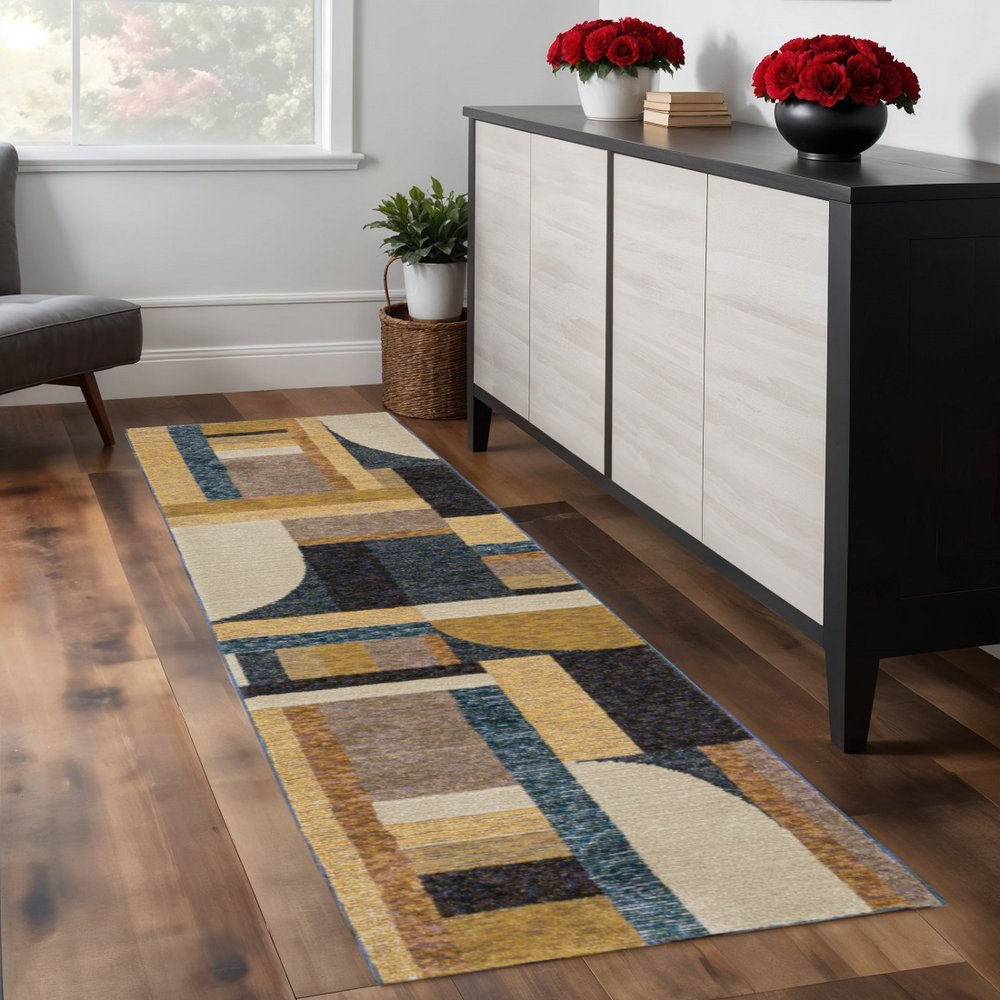 8' Blue And Beige Geometric Runner Rug