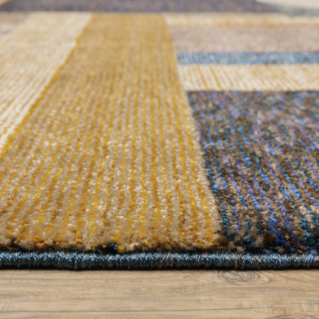 2' X 8' Gold Blue Beige Purple And Teal Geometric Power Loom Stain Resistant Runner Rug