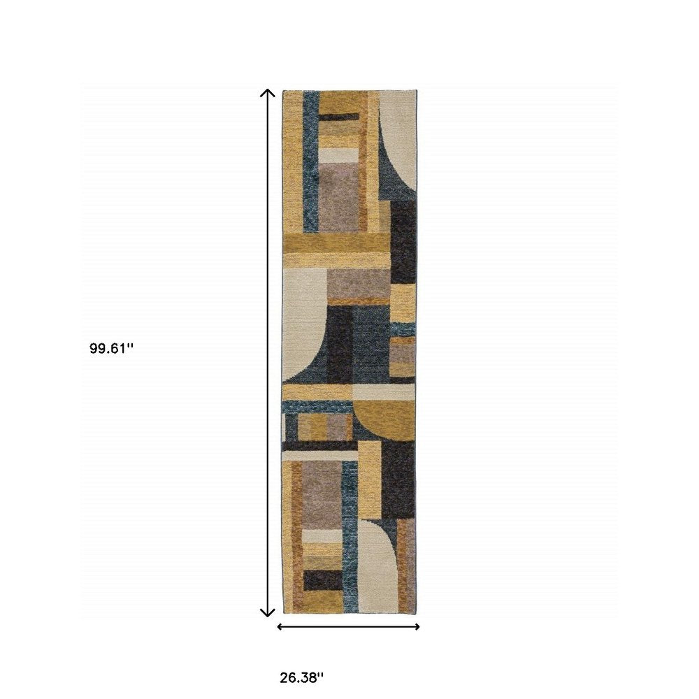 8' Blue And Beige Geometric Runner Rug