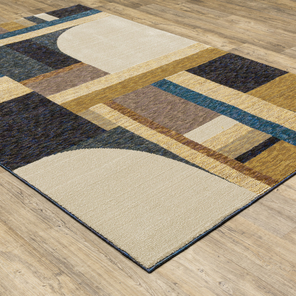 6' X 9' Gold Blue Beige Purple And Teal Geometric Power Loom Stain Resistant Area Rug