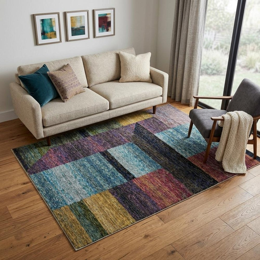 5' X 7' Purple and Red Geometric Power Loom Area Rug