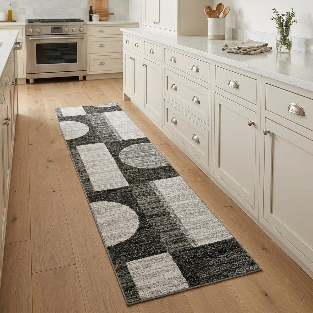 8' Gray And Ivory Geometric Runner Rug