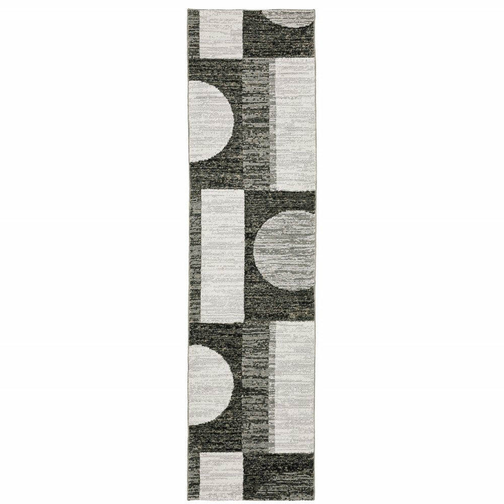8' Gray And Ivory Geometric Runner Rug