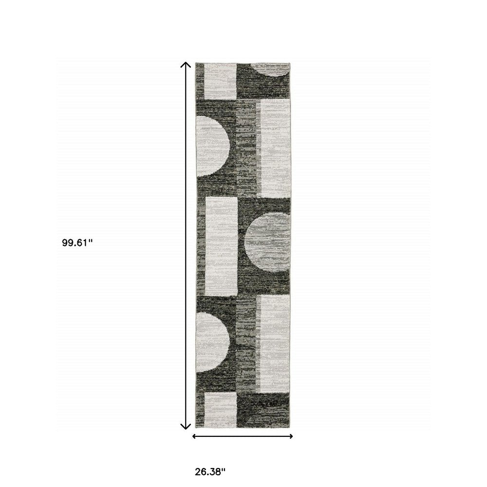 8' Gray And Ivory Geometric Runner Rug