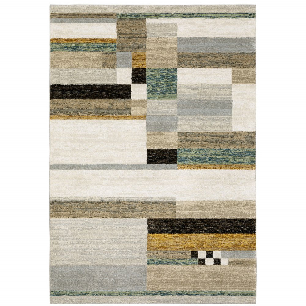 3' X 5' Beige Gold Black Grey Tan Teal and Rust Geometric Power Loom Area Rug