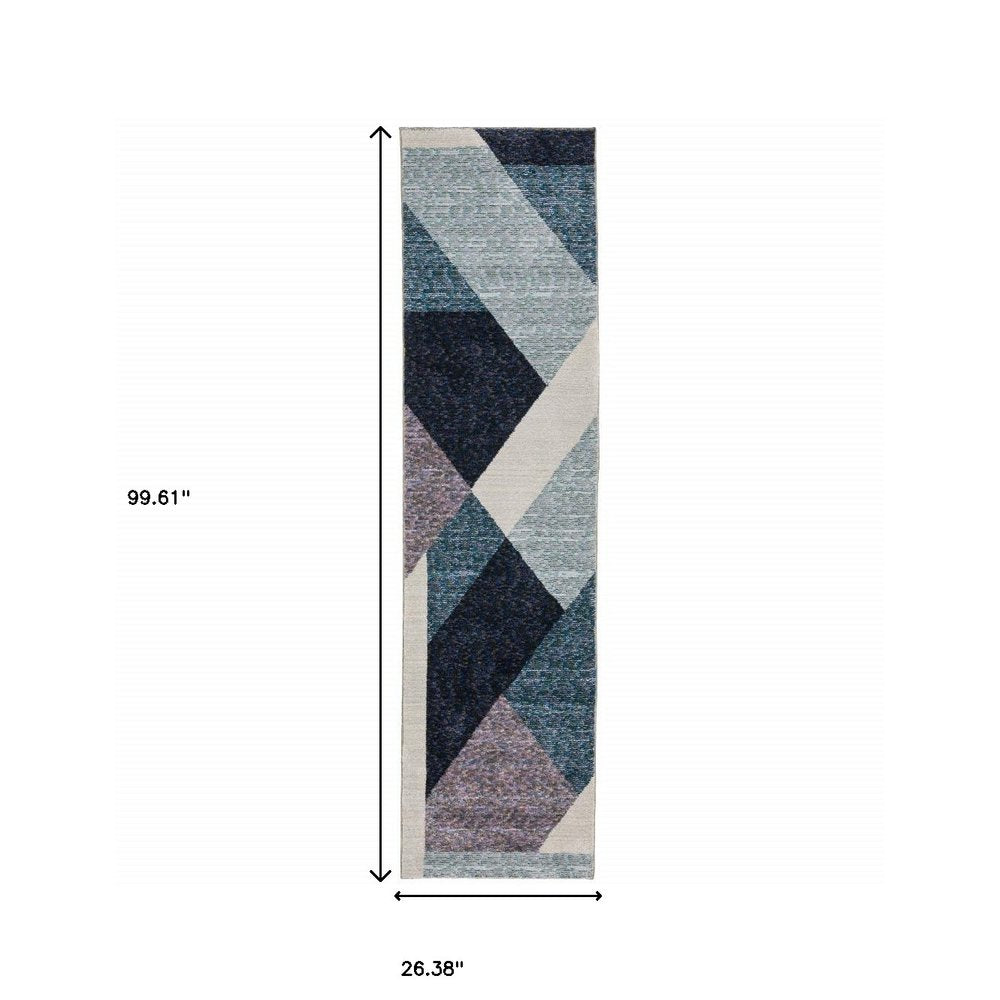 8' Blue Purple And Gray Geometric Runner Rug