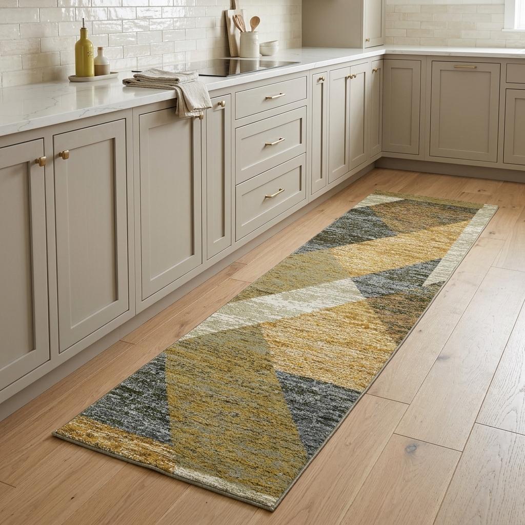 8' Blue And Beige Geometric Runner Rug