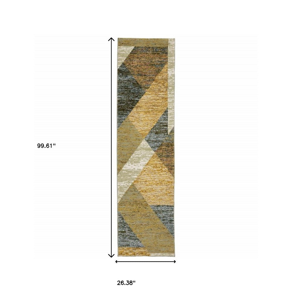 8' Blue And Beige Geometric Runner Rug