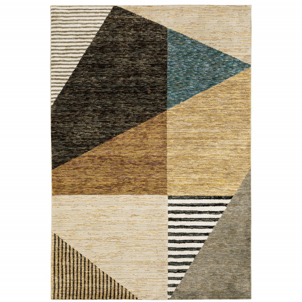 10' X 13' Gold Brown Blue Charcoal Rust And Beige Geometric Power Loom Stain Resistant Area Rug