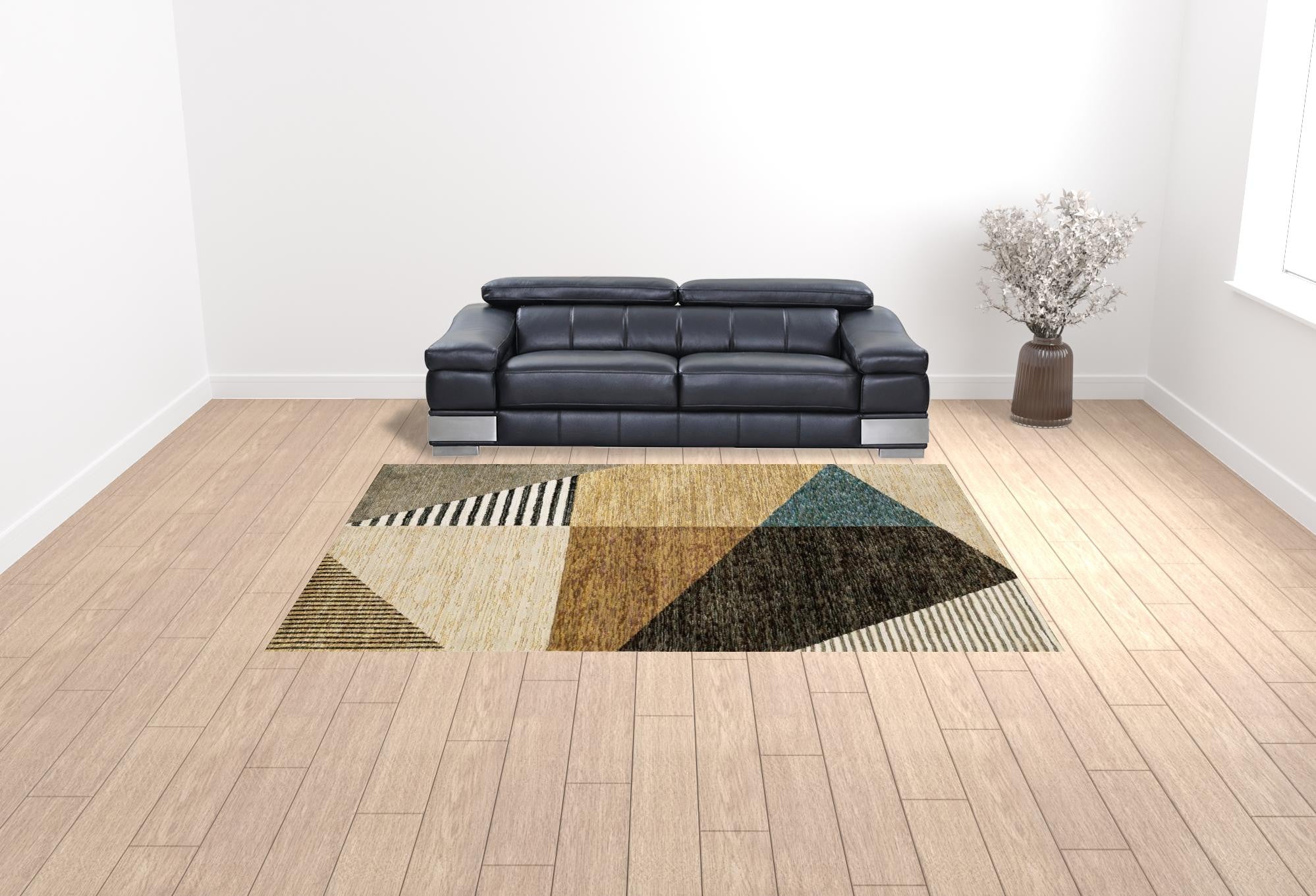 9' X 12' Gold Brown Blue Charcoal Rust And Beige Geometric Power Loom Stain Resistant Area Rug