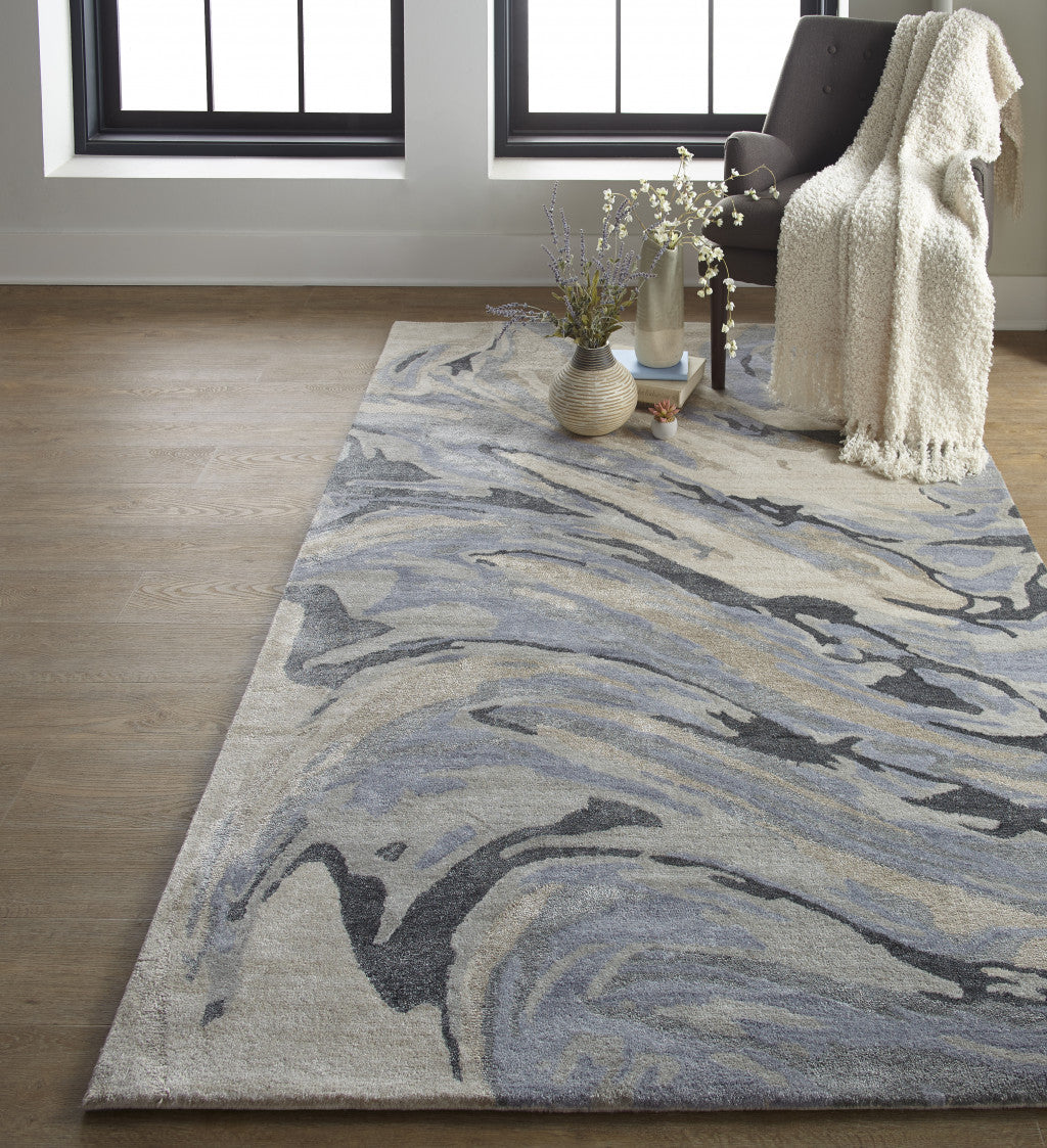 4' X 6' Blue Gray And Taupe Abstract Tufted Handmade Area Rug