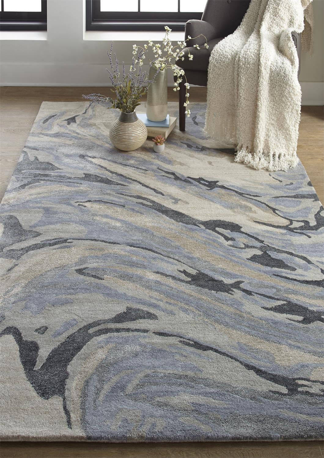 4' X 6' Blue Gray And Taupe Abstract Tufted Handmade Area Rug
