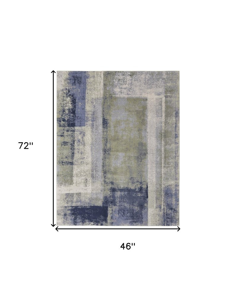 9' X 12' Blue Green And Ivory Abstract Distressed Area Rug