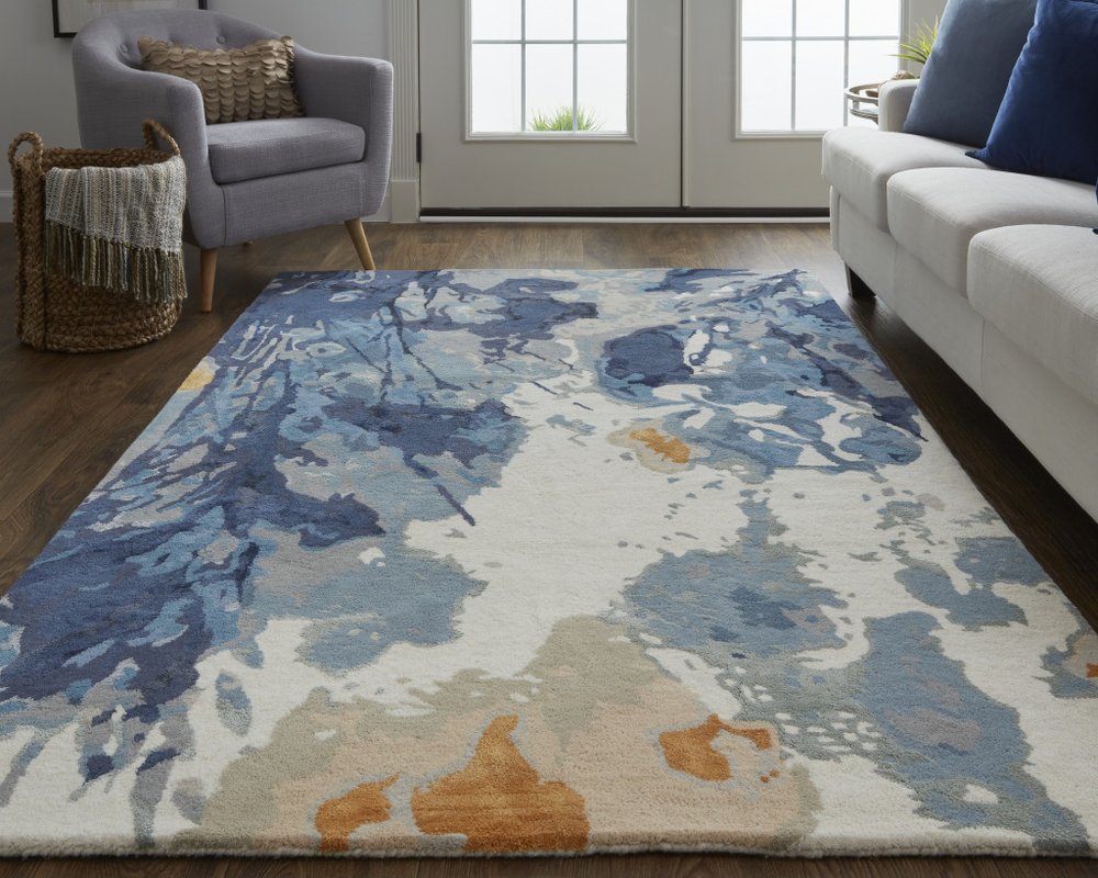 4' X 6' Blue Copper And Ivory Wool Floral Hand Tufted Area Rug