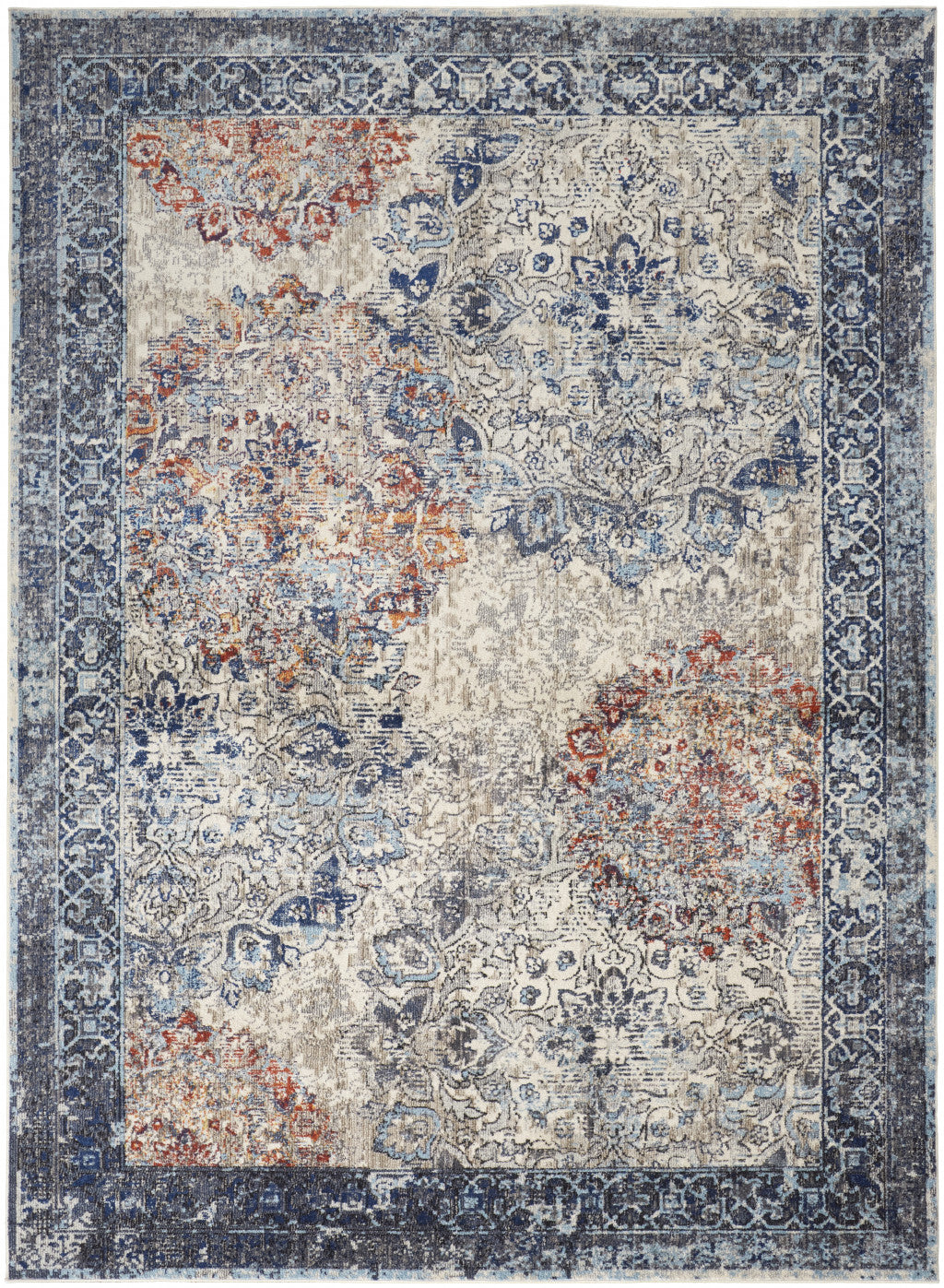 5' X 8' Blue Ivory And Red Floral Power Loom Distressed Stain Resistant Area Rug