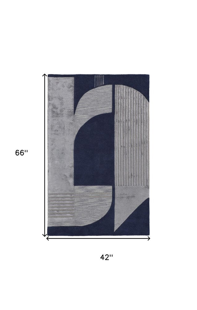 4' X 6' Blue and Silver Wool Geometric Hand Tufted Area Rug