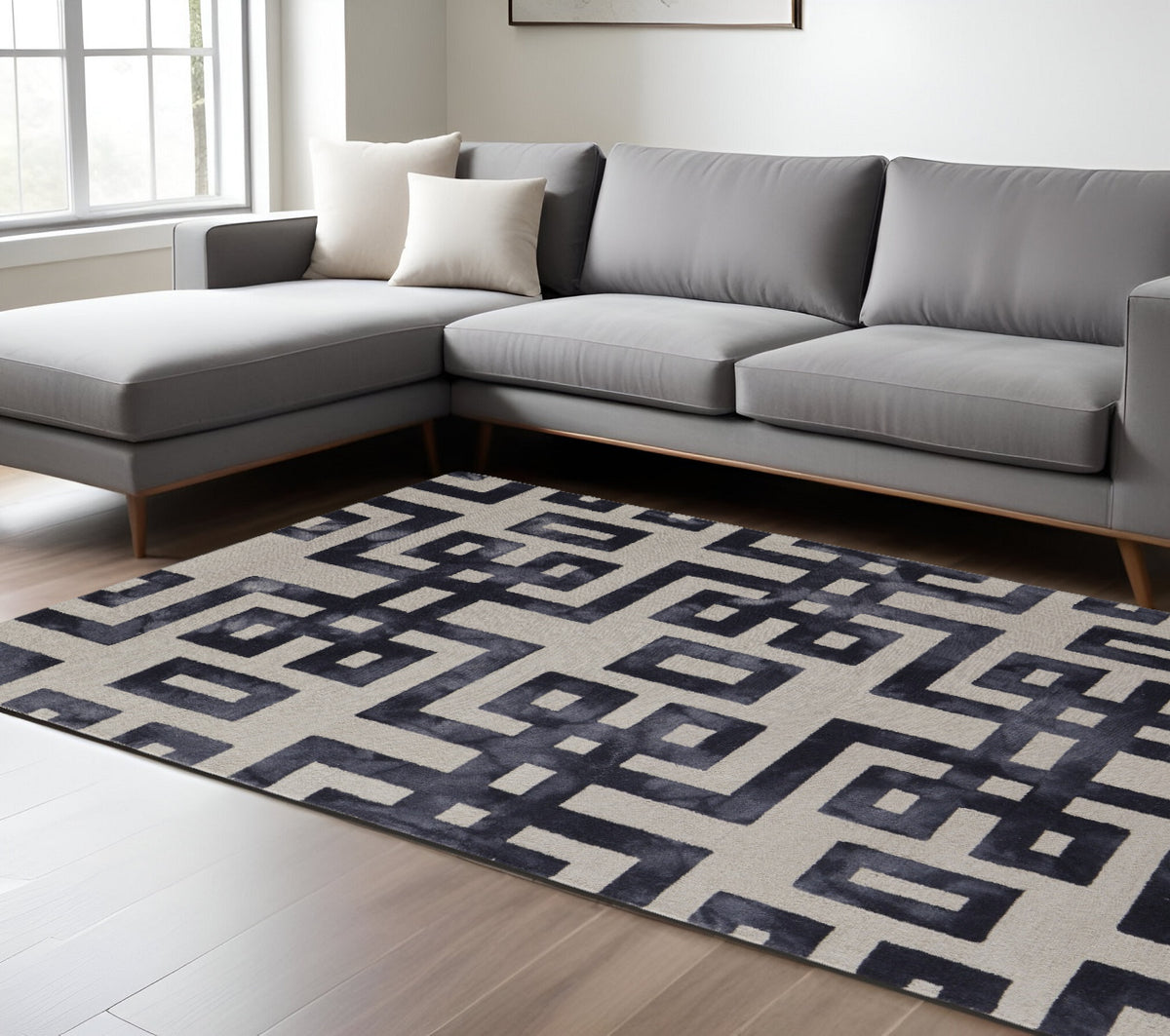 10' X 14' Black And Ivory Wool Geometric Hand Tufted Area Rug