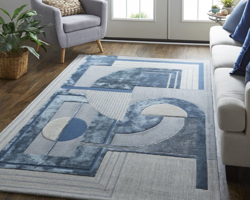 12' X 15' Blue Ivory And Gray Wool Striped Tufted Handmade Area Rug